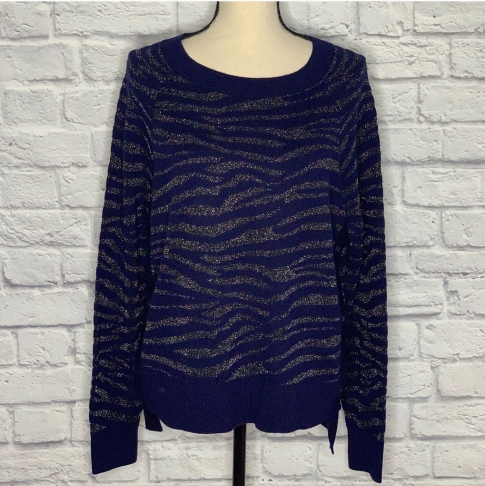 NWT Stella & Dot You Do You Zebra Print Sweater (Size Large) Navy Blue & Silver